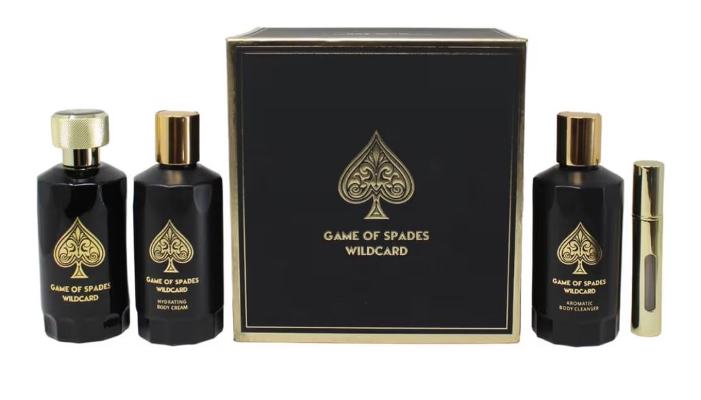 Jo Milano Game of Spades Wildcard 4-Piece Gift Set Unisex, (3.4 Oz Parfum Spray + 6.8 Oz Body Cleanser + 6.8 Oz Body Cream + 0.27 Oz Refillable Atomizer)