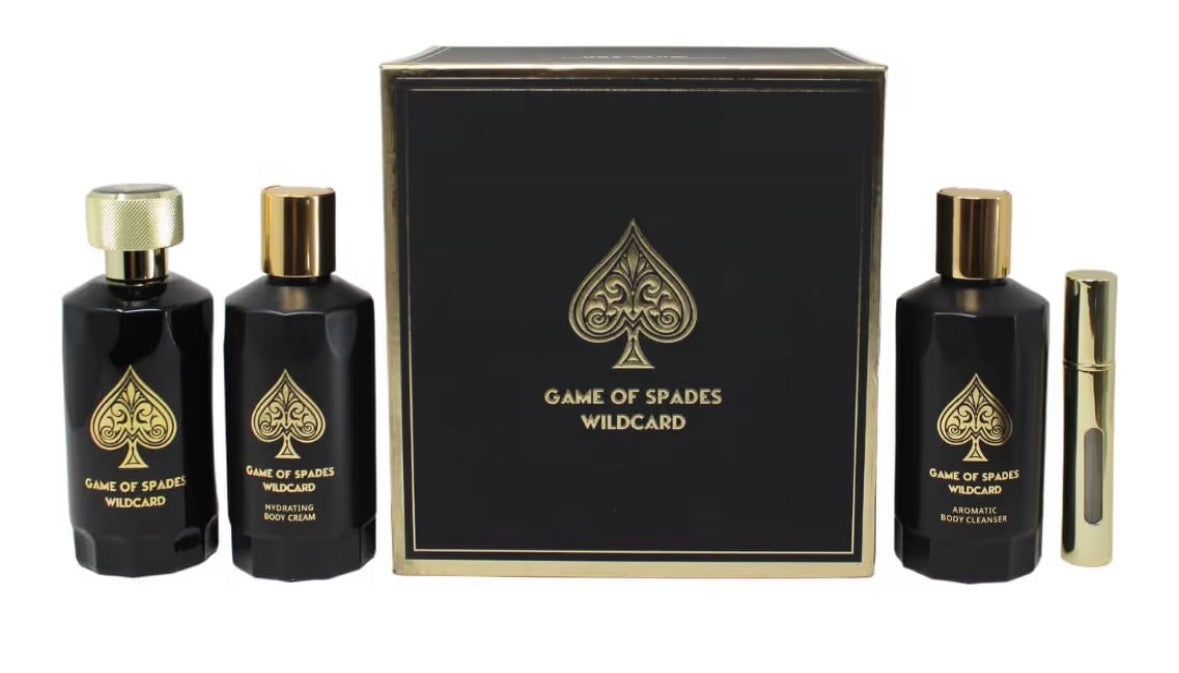 Jo Milano Game of Spades Wildcard 4-Piece Gift Set Unisex, (3.4 Oz Parfum Spray + 6.8 Oz Body Cleanser + 6.8 Oz Body Cream + 0.27 Oz Refillable Atomizer)