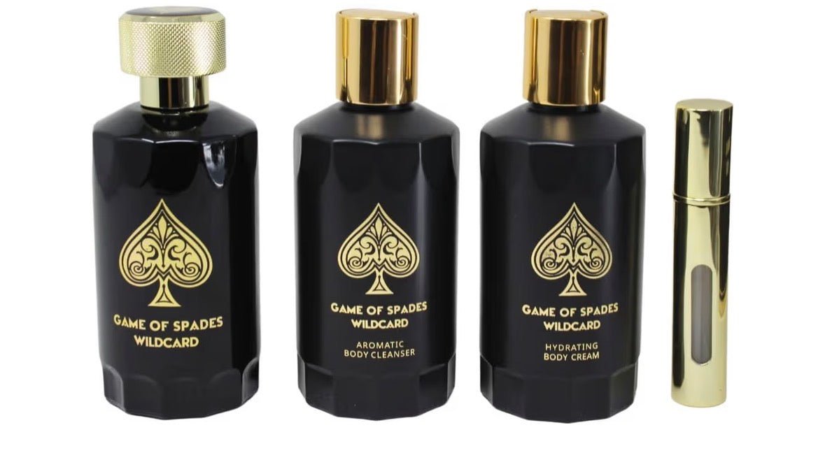 Jo Milano Game of Spades Wildcard 4-Piece Gift Set Unisex, (3.4 Oz Parfum Spray + 6.8 Oz Body Cleanser + 6.8 Oz Body Cream + 0.27 Oz Refillable Atomizer)
