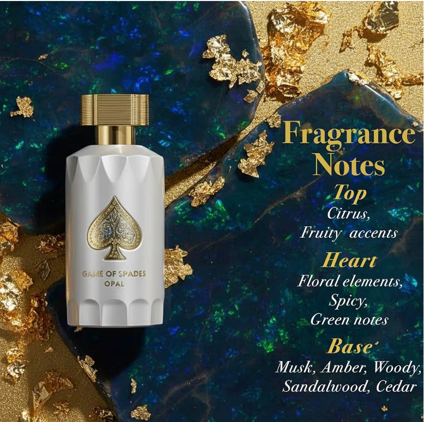 Jo Milano Game of Spades Opal Parfum Spray | 3.4 oz (100ml) | Rose, Oud Wood, Spicy, Citrus Scent | Long Lasting Fragrance for Men and Women (Unisex)
